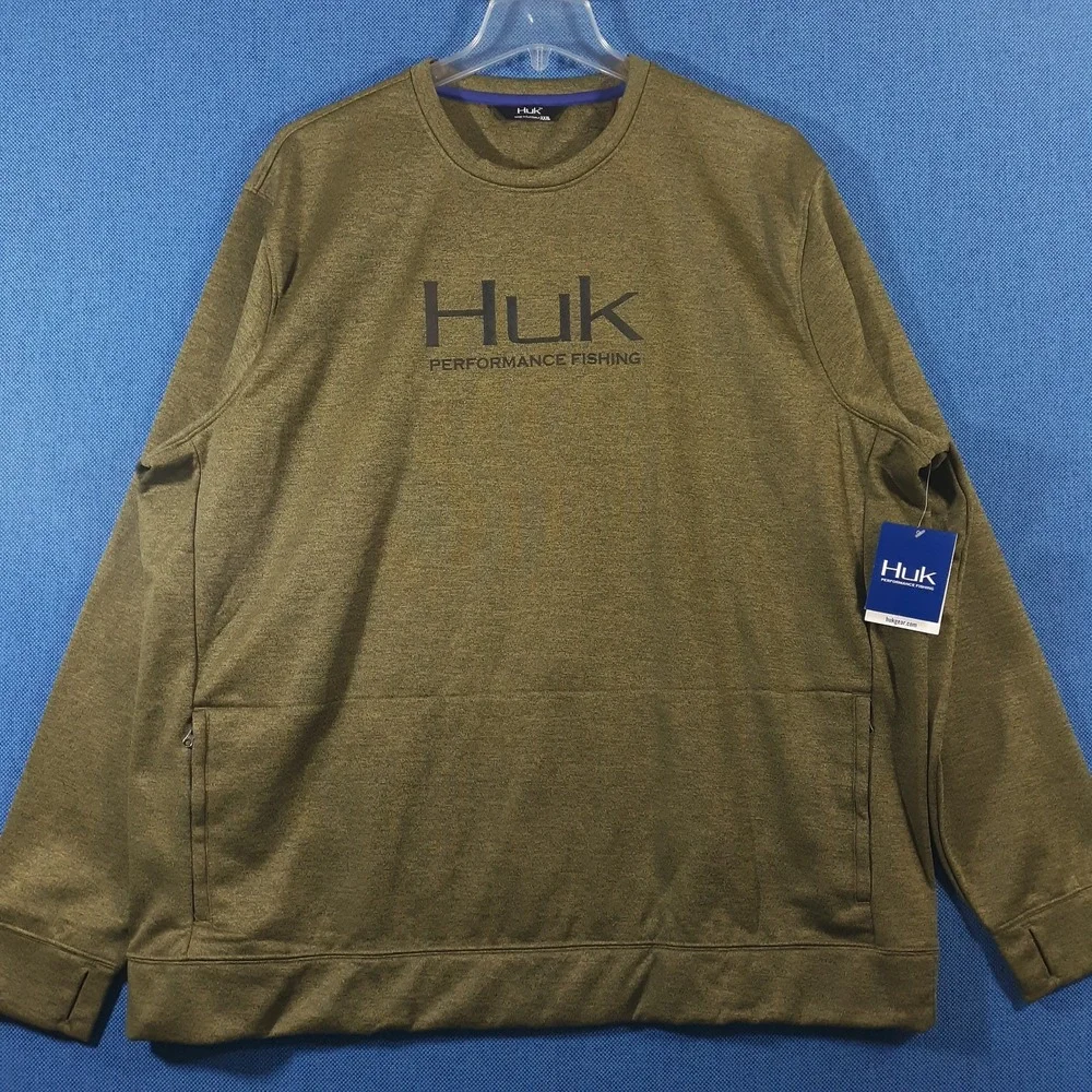 Huk Hull Sweatshirt Mens 3XL Performance Fishing Fleece Crew Neck Green NEW